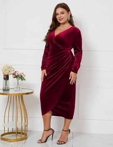 Image of ZOMVA Plus Size Velvet Wrap Dress Ruched Bodycon Dress Long Sleeves Ruffle Long Elegant Party Wedding Guest Cocktail Holiday