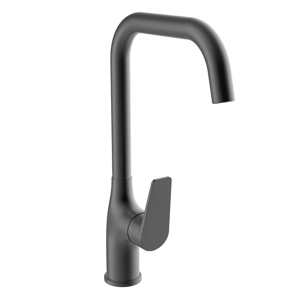 Schläfer 26506520 | Miscelatore Lavello Cucina Nero Opaco con Bocca Alta a Squadra, Girevole 360°, Rubinetto Cucina Professionale Orientabile, Miscelatore Leva Laterale Serie Leonardo in Ottone