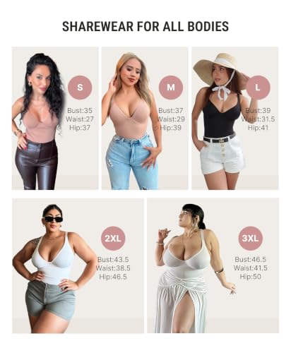 Image of FeelinGirl Shapewear Bodysuits for Women Tummy Control Deep V Neck Body Suits with Adjustable Straps Tops
