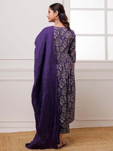 GoSriKi Women's Rayon Blend Anarkali Printed Kurta with Pant & Dupatta (DABU Violet-FCS-GS_L_Dark Green_Large)