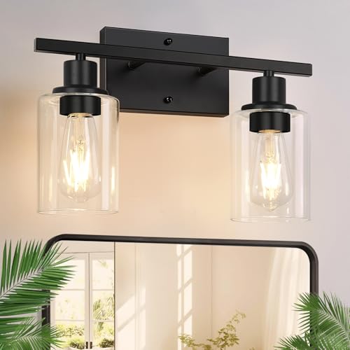 Indoi Matte Black 2-Light Bathroom Vanity Light with Clear Glass Shades — Modern Bathroom Light Fixtures & Vanity Lights for Mirror