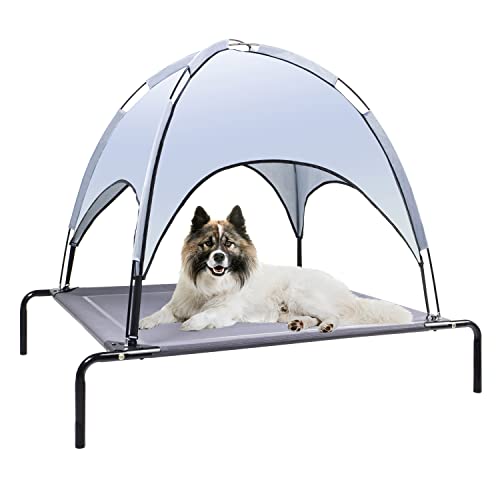 Elevated Dog Bed for Medium Large Dogs, Cooling Raised Outdoor Pet Bed with Sun Shade Canopy, Washable Dog Cot Beds, Waterproof Tent Cot, Heavy Duty Steel-Framed with Breathable Square Mesh, Grey