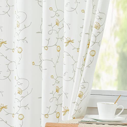Jinchan White Curtains Living Room Curtains 96 Inch Long Farmhouse Curtains With Yellow Floral Embroidery Rod Pocket Back Tab Light Filtering Drapes Bedroom Dinning Room Window Curtain Set 2 Panels #TOP1