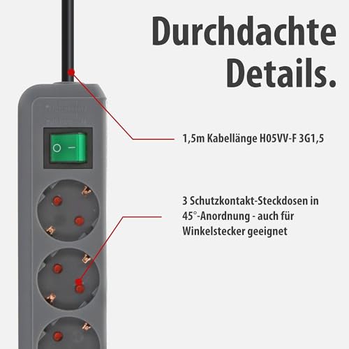 Brennenstuhl Eco-Line, Steckdosenleiste 3-Fach (Mehrfachsteckdose mit erhöhtem Berührungsschutz, Schalter und 1,5 m Kabel) Silbergrau