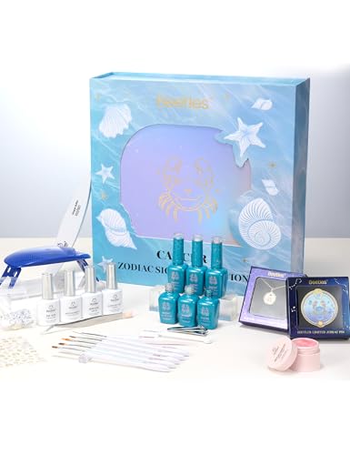 Beetles Moonlit Sanctuary Lucky Box, Cancer Zodiac Gel Nail Polish Kit Blue White Pearl Sliver Glitter Colors, All-in-One Nail Art Set with Tools, Necklace Badge, Salon DIY Zodiac Gift for Women