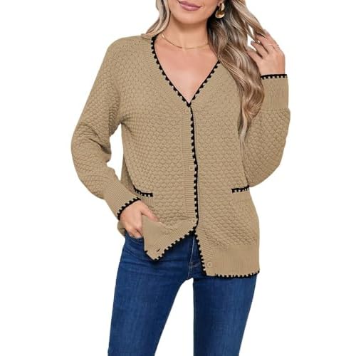 Pink Queen Women's Cropped Cardigan 2024 Long Sleeve V-Neck Button Down Knit Sweater Tops Open Front Lightweight Flaxen Small