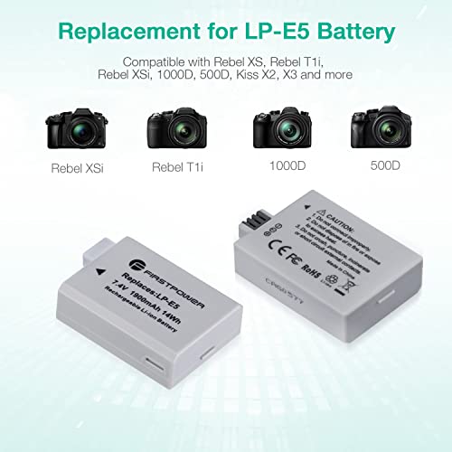 Firstpower Lp-E5 Batteries (2 Pack, 1900Mah) And Dual Usb Charger Compatible With Canon Eos Rebel Xs, Rebel T1I, Rebel Xsi, 1000D, 500D, 450D, Kiss X3, Kiss X2, Kiss F #TOP2