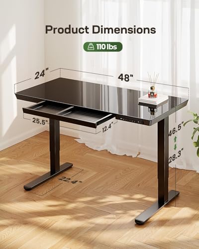 Image of Marsail 48 x 24 inch Glass Standing Desk with Drawer Storage, Matte Black
