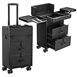 ALUROICE Large Rolling Makeup Train Case, Professional Travel Cosmetology Case on Wheels with Drawers, 3 Tiers Nail Organizers Storage Case for Nail Tech, Tattoo, Hairstylist, Makeup, Extra Large