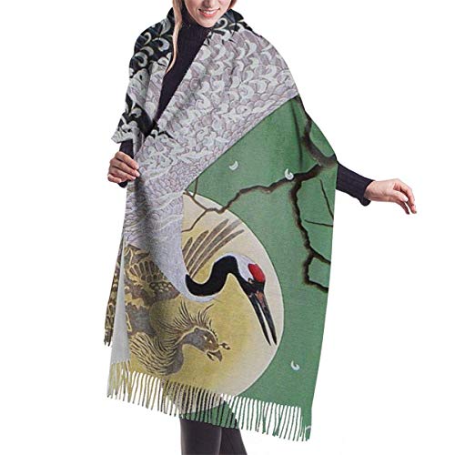 LKKPT Schal japanischer Kranich Malerei Damen große weiche Kaschmir-Feeling Schals Wraps leichte Stola 196x68 cm Cover