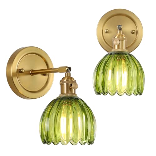 Image of Vintage Wall Sconces Set of 2 Corded Wall Sconce Indoor Wall Mount Lamp with Tulip Glass Shade 180Adjustable Victorian Art Wall Light with Twist Switch for Bedside Doorway (Green, Hardwired)