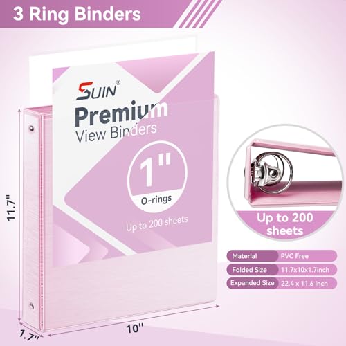 Image of SUIN 1 Inch 3 Ring Binder, Clear 1'' View Presentation Binders with 2 Pockets, Fits 8.5 x 11 Letter Size, Durable Polypropylene, Non-Stick & PVC-Free for School, Office & Home (Brushed Peach Pink)