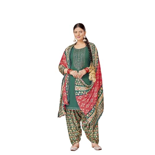 Ensemble Patiala vert brodé en viscose de luxe avec son dupatta Bandhej unique