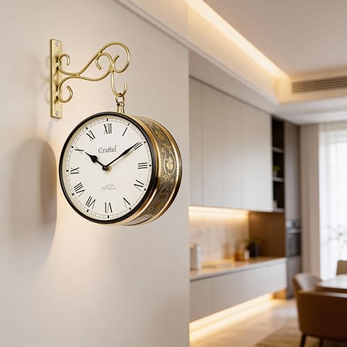 CRAFTEL Metal Roman Dial Double Sided Vintage Station Analog Wall Clock for Living Room Home (Shiny Gold_8 Inches)
