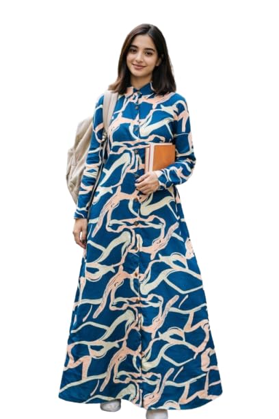 Women Crepe Printed Long Gown Dress | Button Down Shirt Style Gown | Full Sleeve Casual & Office Wear Blue-image-40