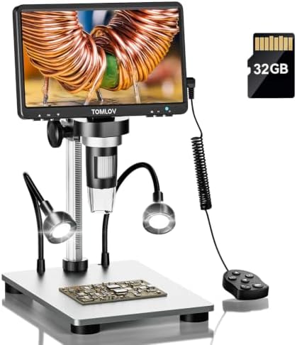 Microware 7" LCD Digital Microscope Magnification, 1080P Video Microscope with Metal Stand, 12MP Ultra-Precise Focusing, PC View, Windows/Mac OS Compatible, 8 Adjustable Lights (with 32GB TF Card)