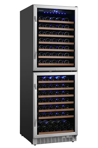 Image of EdgeStar CWR1553DD 142 Bottle 24 inch Built-In or Free Standing Dual Zone Double Door Wine Cooler with LED lighting and Door Lock - Stainless Steel