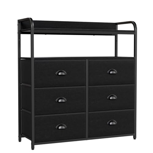 Furologee 6 Drawer Dresser Fabric, Double Shelf Black Closet Organizer Storage Tower Unit for Bedroom, Living Room Entryway, Rustic Bins, Sturdy Metal Frame