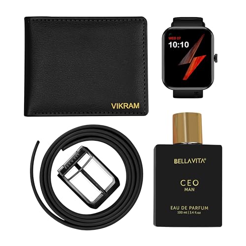 MakeYourGift Personalized Vegan Leather Wallet, Smartwatch, Perfume & Belt Hamper | Birthday, Anniversary & Valentine's Day Gift Set | Best for Husband, Boyfriend, Father, Brother, etc (Black)