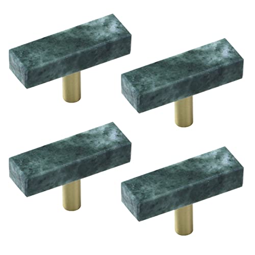 Woogim Lot de 4 boutons carrés verts à trou unique de 5,1 cm pour meubles, ferrures d'armoires et poignées en laiton et marbre vert pour cuisine, salle de bain et chambre