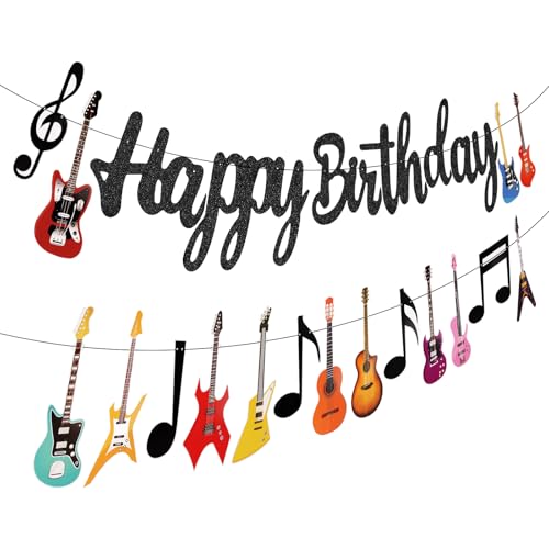 Image of Hooqict Happy Birthday Banner Guitar Birthday Party Decorations Music Party Banner Garland Sign for Rock and Roll Guitar Party Decorations Supplies
