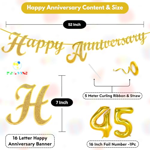 Image of Flyloons 45th Happy Anniversary Banner Gold Decorations Kit for Men Women Wedding Anniversary Banner Items without Balloons