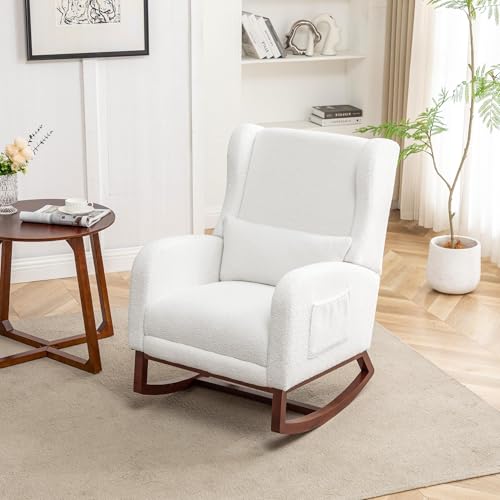 Image of HCHAIRH Rocking Chair Nursery with Foot Rest, Wingback Nursery Rocking Chairs Sherpa Nursing Chairs Glider Rocker with Pillow for Living Room, Bedroom, White