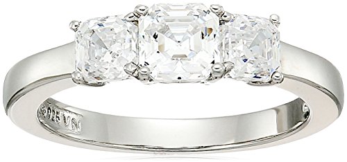 Platinum-Plated Sterling Silver Asscher-Cut 3-Stone Ring made with Swarovski Zirconia (1 cttw), Size 6