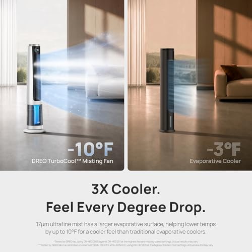 Image of DREO TurboCool Misting Fan 765S, Tower Fans that Blow Cold Air, 10F Cooling, 34ft /s Fast Standing Fan, 6L Tank, 20 dB Quiet DC Motor, 90 Smart Oscillating Fan with 12 Speeds, 4 Modes for Home, White