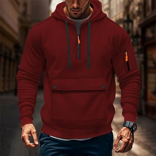 Pullover Hoodies for Men Solid Long Sleeve Half Zipper Hooded Sweatshirt Trendy 2025 New Hoodie with Pockets3