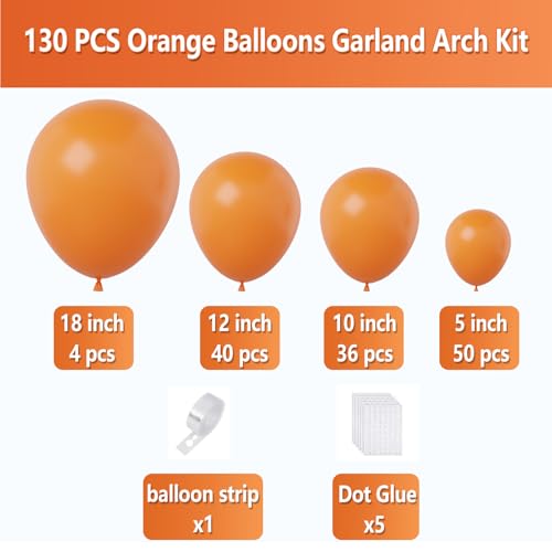 Image of Orange Balloons Arch Kit,130pcs Light Orange Balloons,18 12 10 5 Inch Pastel Orange Latex Balloons Garland for Birthday Graduation Baby Shower Halloween Christmas Wedding Party Decorations