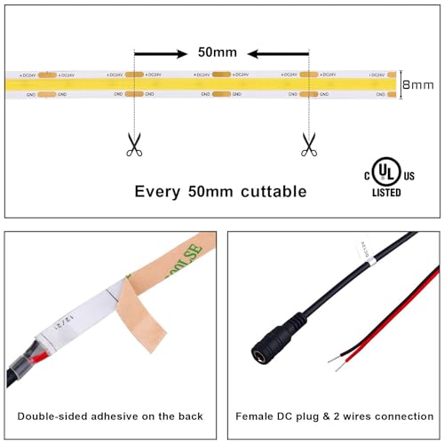 Image of COB LED Strip Lights UL Listed DC 24V LED Lights Flexible Super Bright LED Strips,16.4ft 3000K Warm White,CRI 90+,2400LEDs High Density Uniform Light fo Home Room Decor