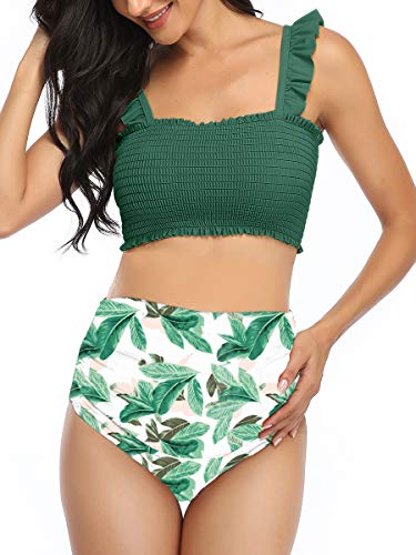 Maternity High Waist Bikini Swimsuit Two Piece Ruffled Hem Cute Floral Bathing Suit Green Leaves L #TOP1