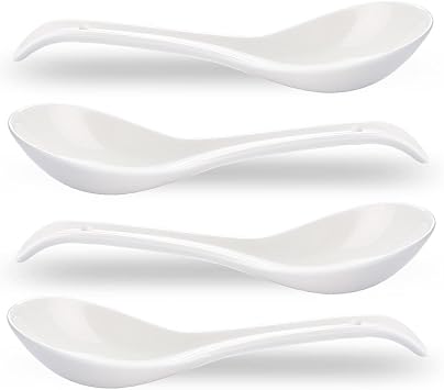 Asian Soup Spoons Set of 4, Ramen Spoons, Ceramic Spoons 6.6" Chinese/Japanese Soup Spoons for Pho, Cereal - Deep Oval Hook Design