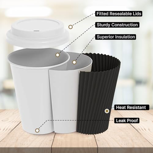 Zuvo 50 Pack Takeaway Coffee Cups with Lids | Disposable Insulated Triple Wall Ripple Kraft Paper Coffee Cups for Takeaway Coffee, Tea or hot Liquids | Pack of 50 (8 Oz.), Black