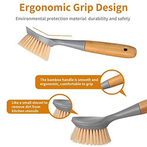 Image of 2 Pack Kitchen Dish Brush Bamboo Handle Dish Scrubber Built-in Scraper | Scrub Brush for Pans, Pots, Kitchen Sink Cleaning, Dishwashing and Cleaning Brushes are Perfect Cleaning Tools, Color-Gray