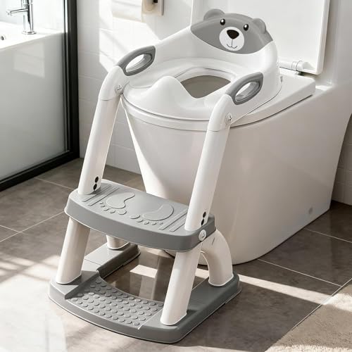 Potty Training Seat, SKYROKU Upgrade Toddler Toilet Seat for Kids Boys Girls, 2 in 1 Potty Training Toilet, Splash Guard Anti-Slip Pad Step Stool,New Sector-Shape Stabilized Base (8899+Grey)