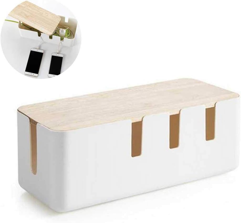 Bamboo Cable Management Box, Stylish Wooden Cord Organizer Box Hides Power Strip & Keeps Cords Untangled, Surge Protector Cover for Entertainment Center, Home Office, Computers, PC, Large Size