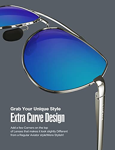Luenx Men Women Aviator Sunglasses Polarized Shades Flexible Spring Hinge - Dark Blue Mirror Lens Silver Metal Frame 60Mm #TOP3