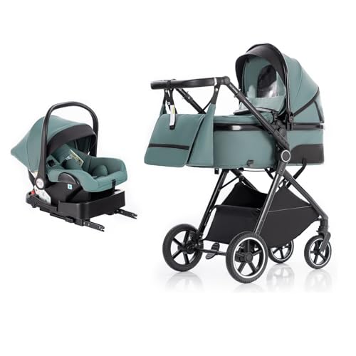 Lnhcrbs Cochecito Bebe 3 Piezas con Capazo, Sistema de Viaje's Capazo es Plegable, Carrito de Bebé Mang es Ajustable, las Ruedas son de Material PU, para0-3 Años-Azul verdoso