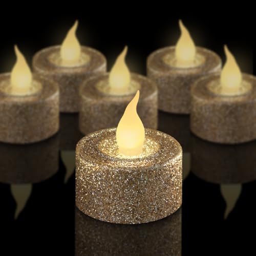 Image of FURORA LIGHTING Champagne Gold Glitter Flameless Tealights - 1.45 inch W x 1.57 inch H, 12-Pack, Batteries Included