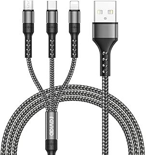 RAVIAD Multi Charger Cable, 3 in 1 Charger Cable [1.2M] Multiple USB Cable Nylon Braided with Micro USB Type C Lightning Cable Connector for iPhone, Android Samsung Galaxy, Huawei, Oneplus, LG- Grey