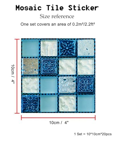 FBBULES 20PCS Fliesenaufkleber PVC, Fliesen Klebefolie Selbstklebend Wasserdicht Fliesensticker für Küche Badezimmer Fliesendekor Wandaufkleber Mosaikstil Blau (10x10 cm/4x4 Zoll)