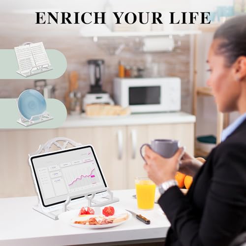 JOGREFUL Modern Cookbook Stand Cast Iron, Decorative Metal Cookbook Recipe Holder for Bible, Easel, Textbooks, Magazine, Art, iPad, Kitchen Counter, Prayer Book Stand, 11.4L * 5.1W * 9.1H, White - Image 4
