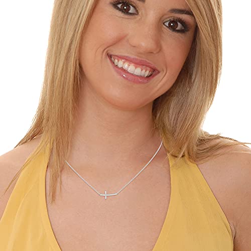 14K White or Yellow Gold or .925 Sterling Silver Cubic Zirconia Curved Sideways Cross Bar Necklace - Choice of Length2