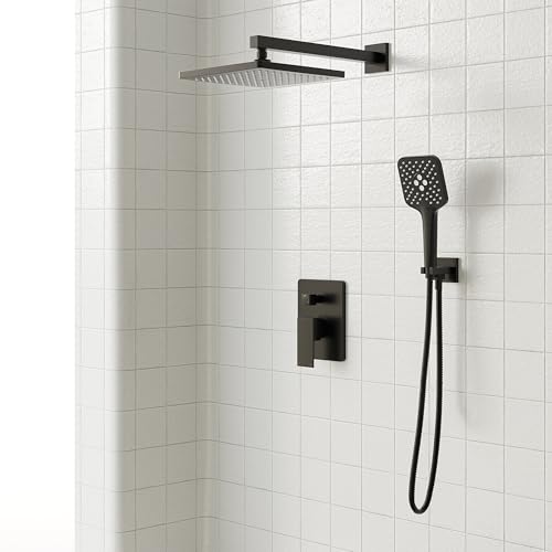 Image of Gabrylly Shower System, 10 Inches Rain Shower Heads with Handheld Spray Combo, Wall Mounted Shower Faucets Sets Complete with Shower Valve Kit, Shower Head and Handle Set, Matte Black