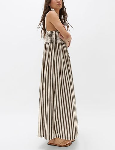 Image of Lentta Women's Striped Smocked Maxi Dress Causal Spaghetti Strap Stretchy Flowy Swing Long Dress with Pockets