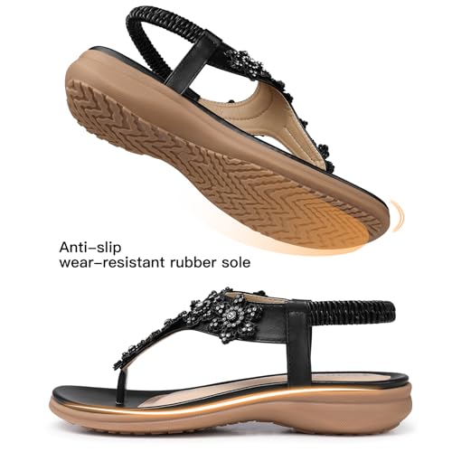 Image of TEMOFON Sandals for Women Flat Dressy Summer Flower Sandals with Ankle Strap Comfortable Casual Walking Flat Sandals Size 5-11