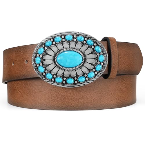 Image of XZQTIVE Women Western Leather Belt Vintage Country Belts For Cowgirl Jeans Dresses Ladies Concho Belt With Turquoise Buckle