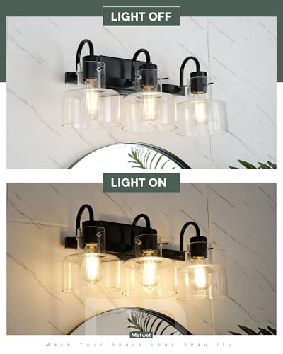 Image of Bathroom Light Fixtures, 3-Light Matte Black Vanity Lights with Clear Glass Shade, 20 Inch Vintage Vanity Lighting Fixtures Over Mirror, VL124-MB-3